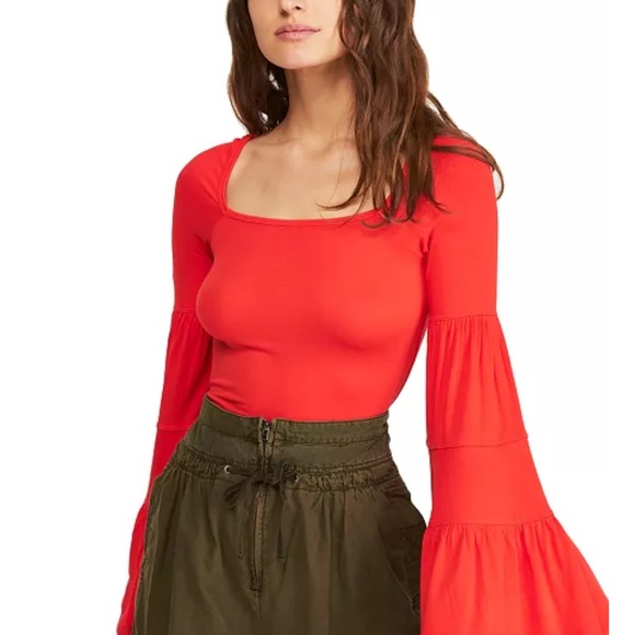 Free People Red Babetown Bell-Sleeve Jersey Top Size S Bohemian Comfy Feminine - Picture 2 of 15